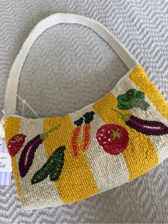 T.J.Maxx Handbags - NWT TJ Maxx Handmade Beaded Vegetable Shoulder Bag Yellow Stripe India Purse